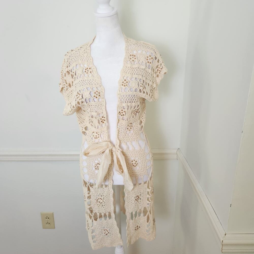 Boston Proper Cardigan Sweater Size Small Fairy Boho Sequin Crochet Open Knit